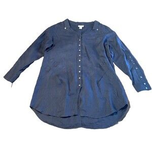 Soft Surroundings Linen Tunic Shirt Top Navy Blue Long Sleeve XL Button Pleats